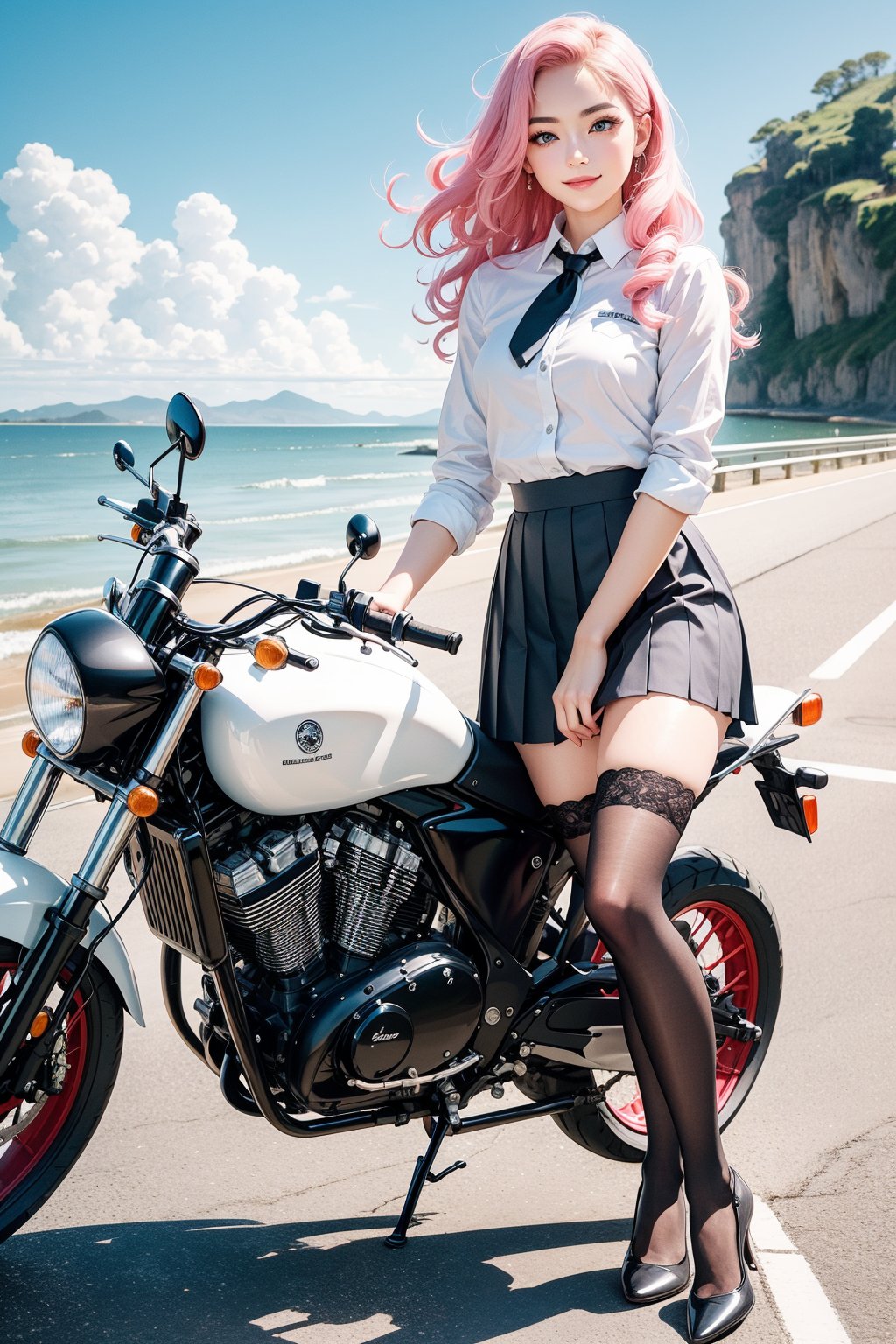 (masterpiece), (best quality),(ultra-detailed),(illustration),(extremely detailed),(perfect anatomy),(super detailed skin),(detailed),(beautiful detailed eyes),1girl,solo,ridding a motorcycle,Hands,pink hair,very long hair,curly hair,blue eyes,(school uniform), (white shirt),black tie, skirt,black thighhighs,slender figure,long legs,black high heels, eyebrows, sideways glance, light smile,sea,seaside road,photorealistic,full-body shot,long shot