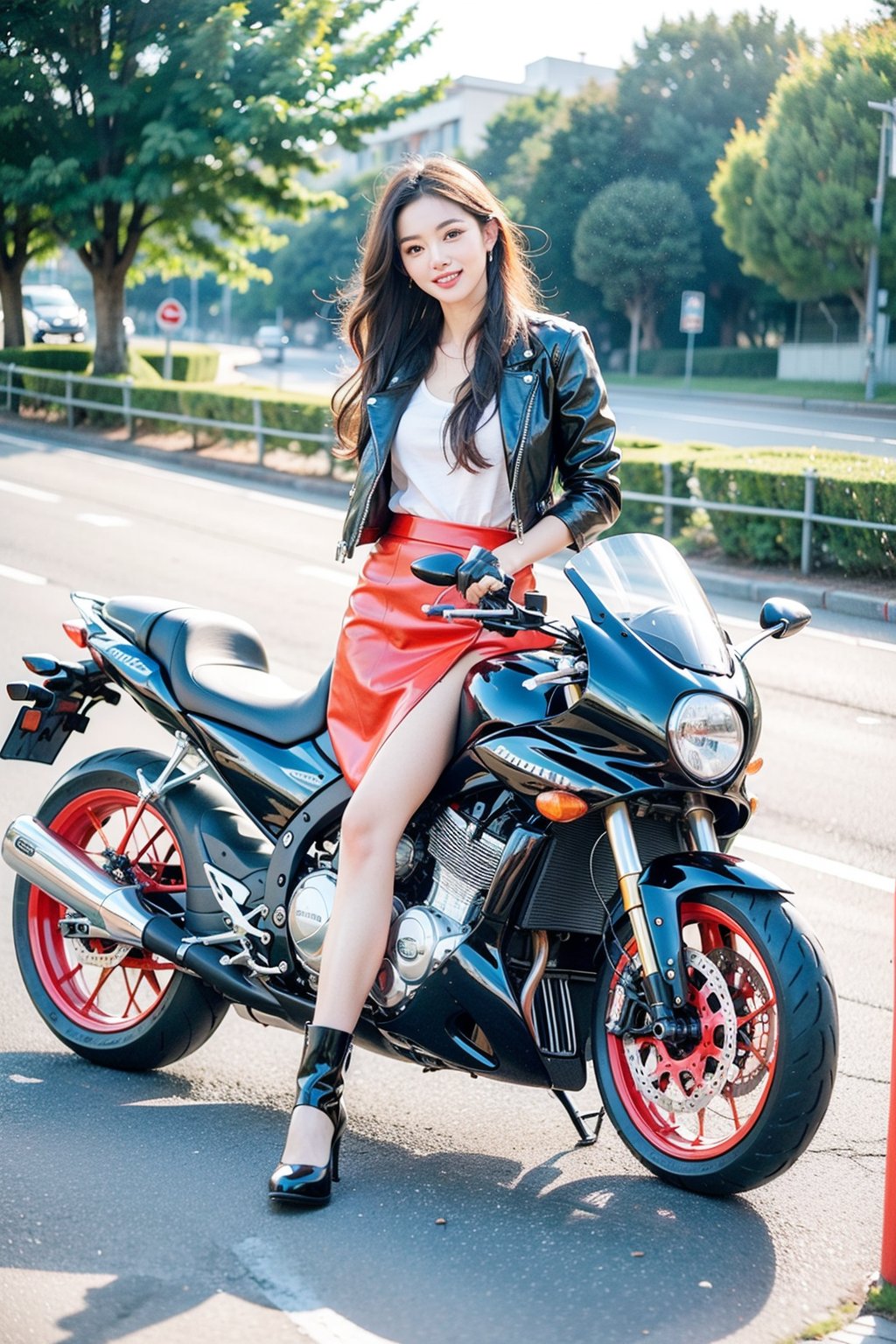 (masterpiece), (best quality),(ultra-detailed),(illustration),(extremely detailed),(perfect anatomy),(super detailed skin),(detailed),(beautiful detailed eyes),1girl,solo,punk,Patent leather jacket, tight leather skirt, high-heeled leather boots,Racers,ridding a Racing motorcycles,very long hair,curly hair,slender figure,long legseyebrows, sideways glance, light smile,sea,seaside road,photorealistic,full-body shot,long shot