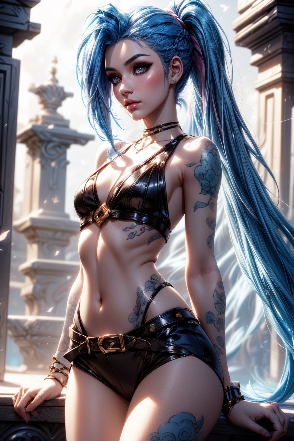 masterpiece,best quality,ultra-detailed,High detailed,Jinx,blue hair,long hair,Double ponytail braid,picture-perfect face,blush,(nymph),(perfect female body,slim thicc),tall,long legs,slim calfs,long legs,(thigh gap),(blue hair),goddess,charming, alluring,seductive,enchanting,makeup, fantasy,nature,pure,serene,supernatural beauty,
more detail XL,ani_booster,1 girl,JinxLol,jinx (league of legends)