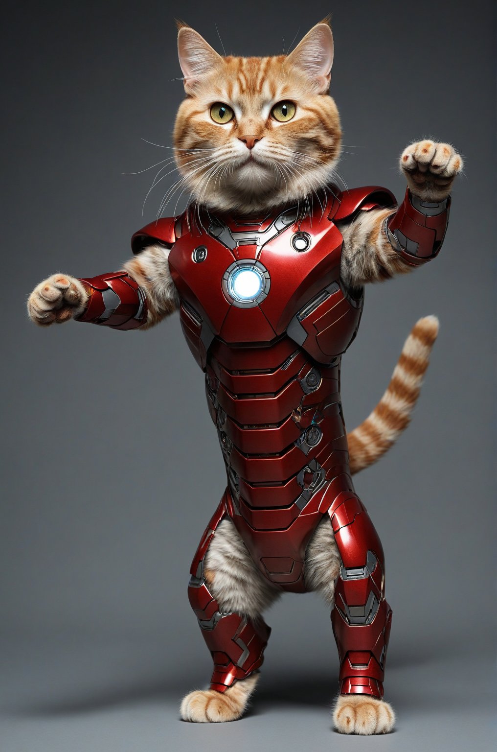 Extremely realistic, high-definition, real cat, A cat dressed as Iron Man, standing like a human, with arms outstretched