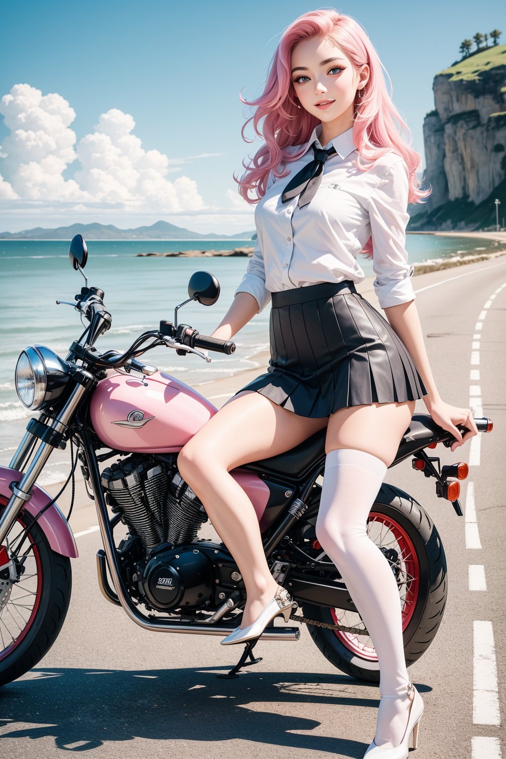 (masterpiece), (best quality),(ultra-detailed),(illustration),(extremely detailed),(perfect anatomy),(super detailed skin),(detailed),(beautiful detailed eyes),1girl,solo,astride a motorcycle,Hand mounted on handle,pink hair,very long hair,curly hair,blue eyes,(school uniform), (white shirt),black tie, skirt,black thighhighs,slender figure,long legs,black high heels, eyebrows, sideways glance, light smile,sea,seaside road,photorealistic,full-body shot,long shot