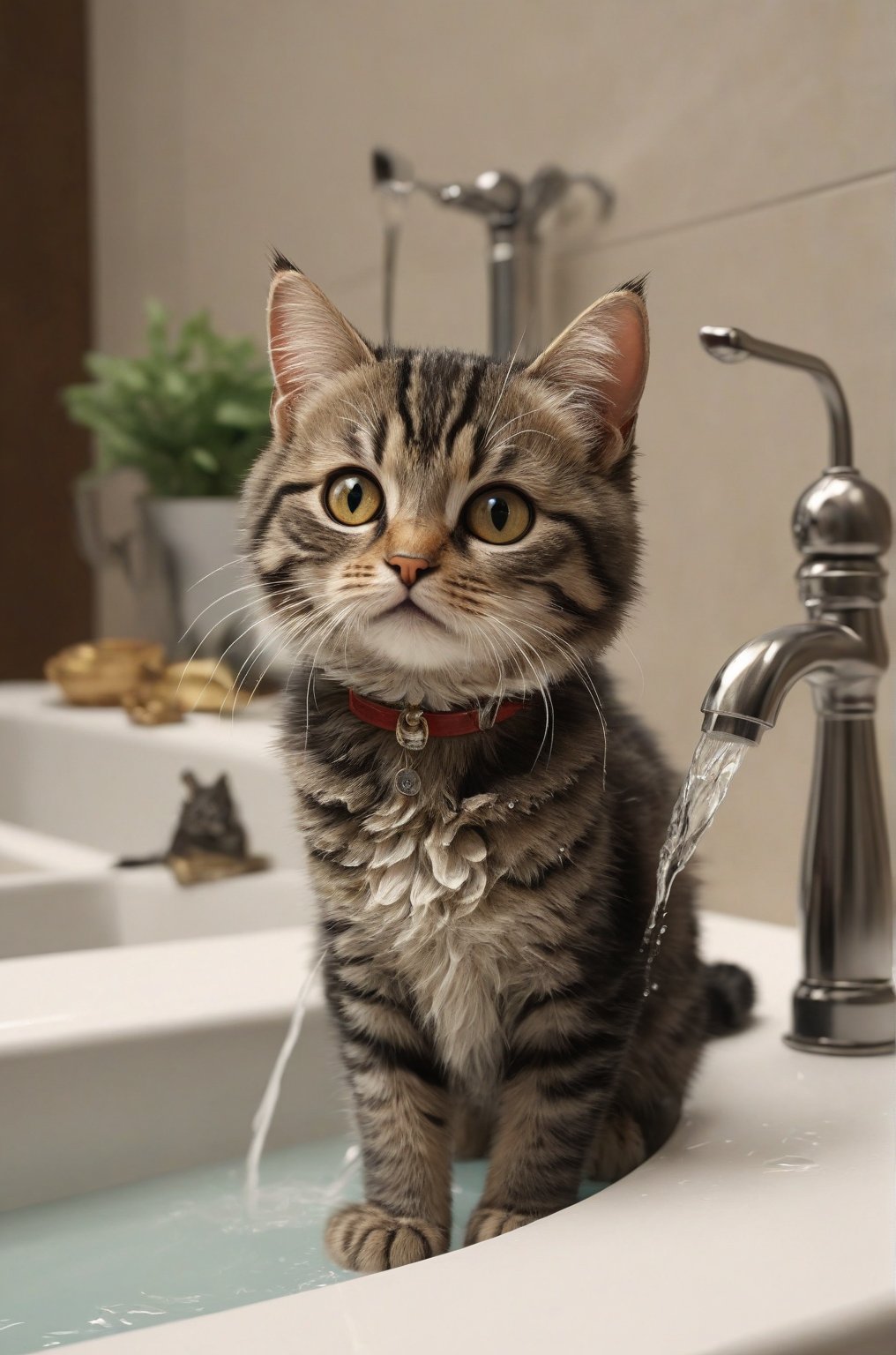 Extremely realistic, high-definition, super detailed,real cat, little cat,A real cute cat, A cat turned on the faucet and what came out was 1 million dollars, making him rich