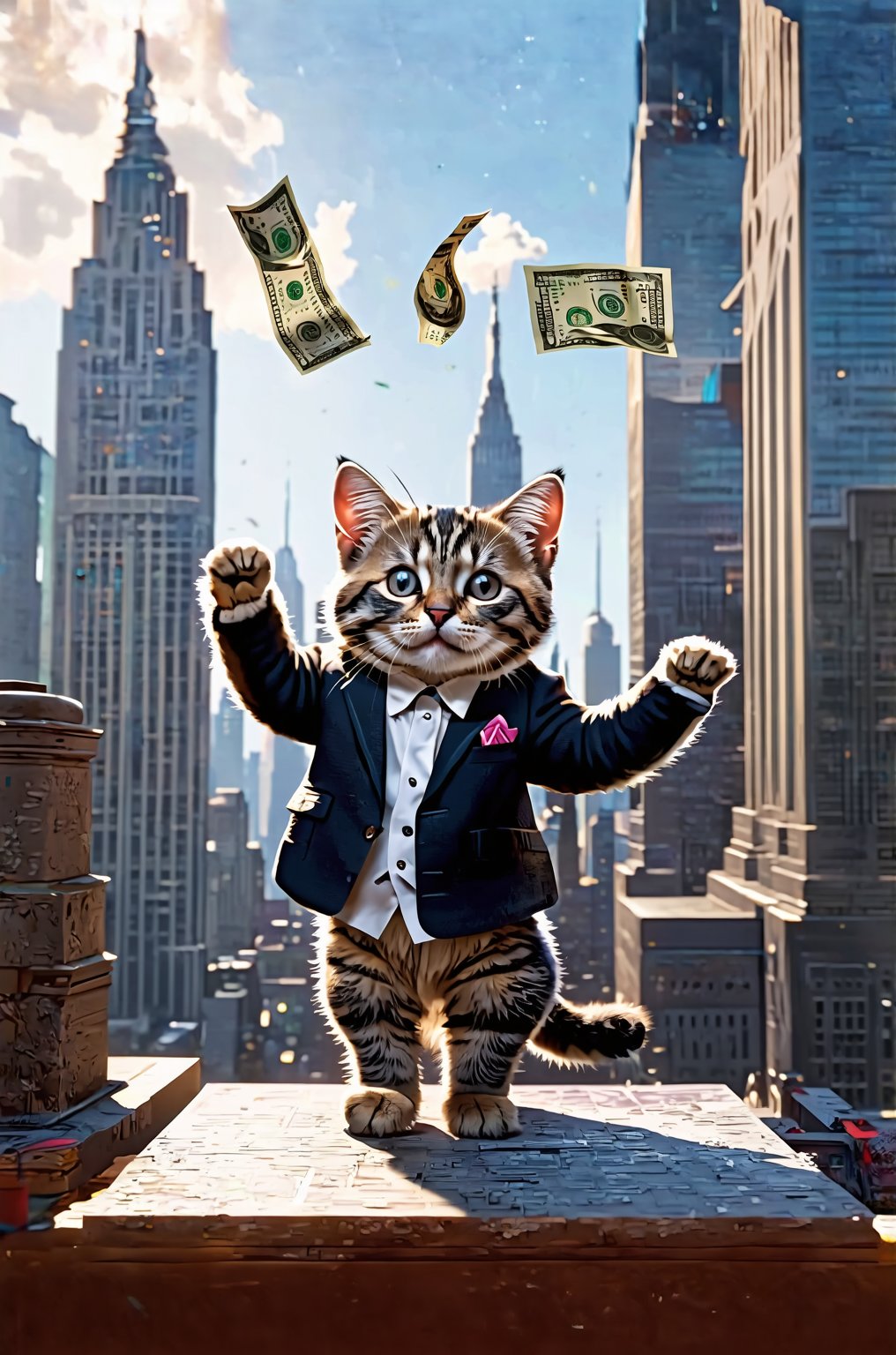 Extremely realistic, high-definition, super detailed,little cat,A real cute cat,A cat wearing a high-end suit stands on the top floor of the Empire State Building and throws money into the sky
