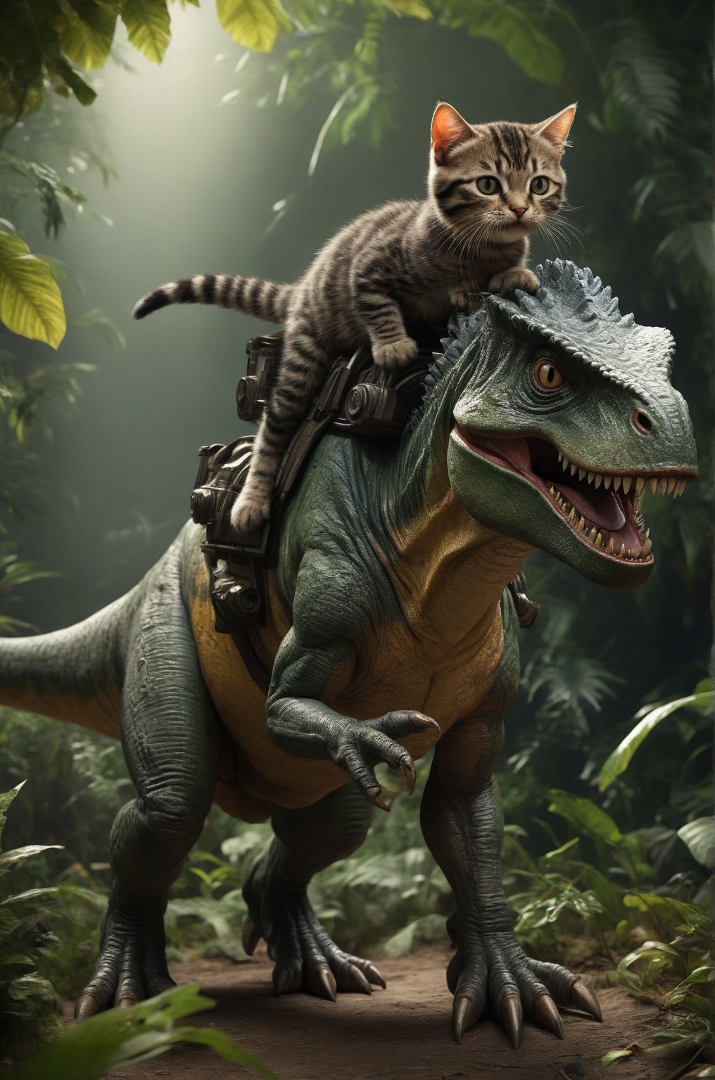 Extremely realistic, high-definition, super detailed,real cat, little cat,A real cute cat, riding a tyrannosaurus rex
