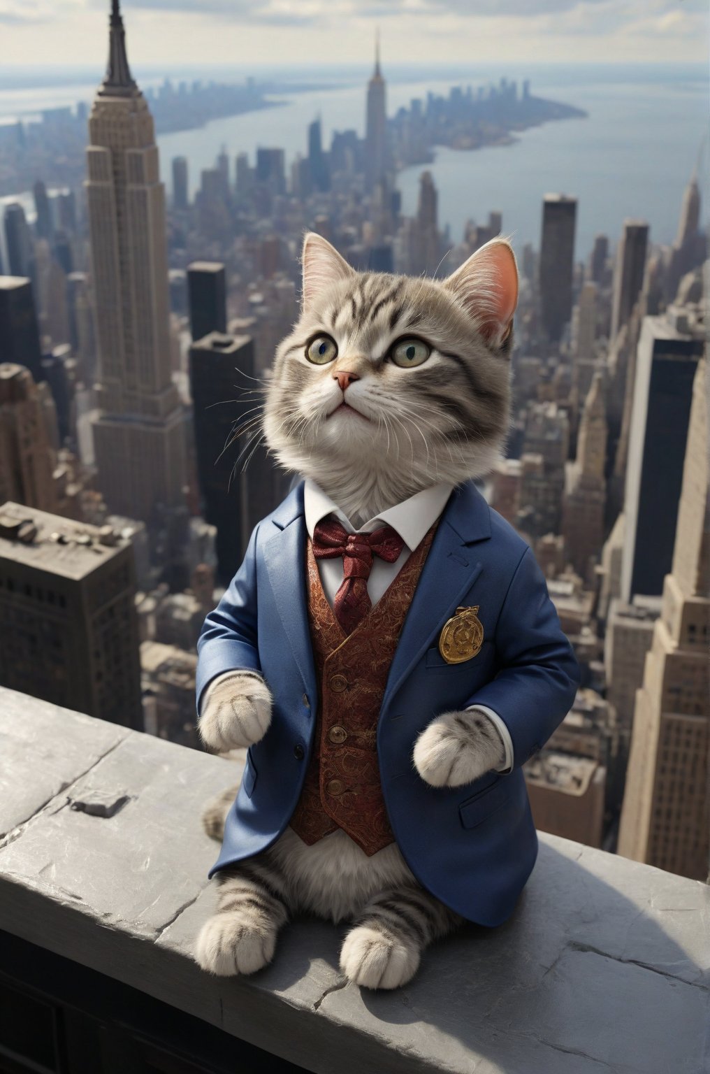 Extremely realistic, high-definition, super detailed,real cat, little cat,A real cute cat,Wearing a high-end suit, Sit on the roof of the Empire State Building,Stretch feet outside the eaves ,reach a hand toward the sky, throw money into the sky