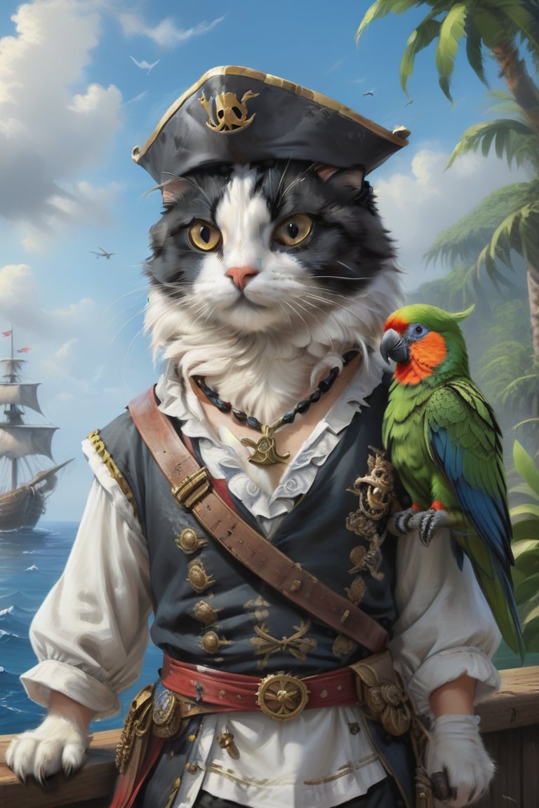 Oil Painting , a  cute black and white cat with a Caribbean Pirate captain dress, a parrot on his left shoulder, , inspired by Disney Caribbean pirat movies, realistic, ,cinematic light, hopeful