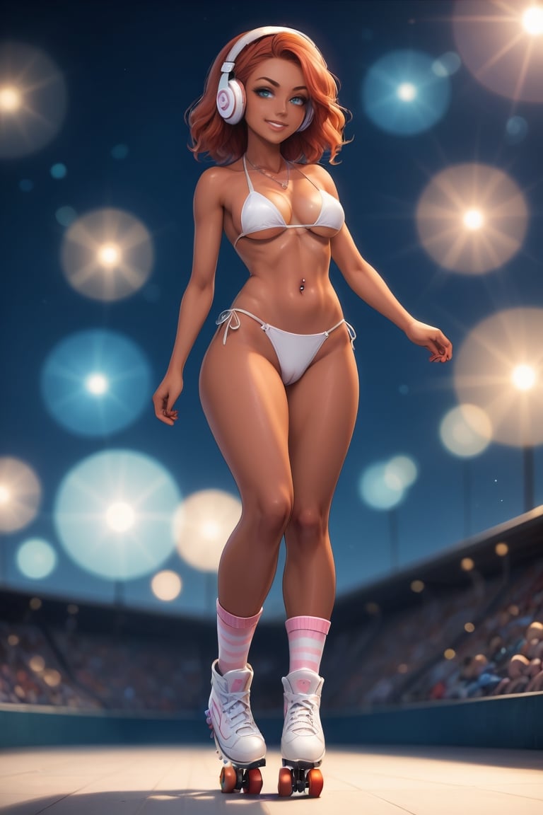 score_9,score_8_up,score_7_up,(hyperrealism:1.3),cute girl rollerskating in beach walk,roller,rollerskate shoes,rollerskate boots,rollerskates,long colorful socks,dynamic pose,hot body,medium round breasts,looking away,view from below,cowboy_shot,medium round butt,(black micro bikini,rollers,pink and white headphones:1.1),sweating,(tanned skin,dark tan skin,bright skin,glossy skin),(freckles,moles:0.8),(open eyes,smirk),(simple necklace,white smartwatch,navel piercing),(french braids redhead hair:1.1),(shade pale blue eyes),(depth of field,bokeh,chiaroscuro),(erected hard nipples:0.8),(cameltoe:0.9),(makeup,eyelashes,eyeliners,eyeshadows,lips:0.8),more detail XL,score_6_up,hyper real extra effect add 