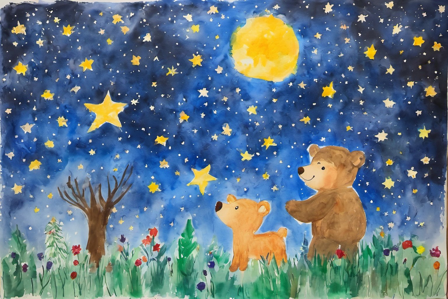 Children's painting, color painting, The star laughed softly and said, " Little Bear. I can see the whole world from up here. I see little birds flying at dawn, deer playing in the forest, and many children like you looking at the stars."