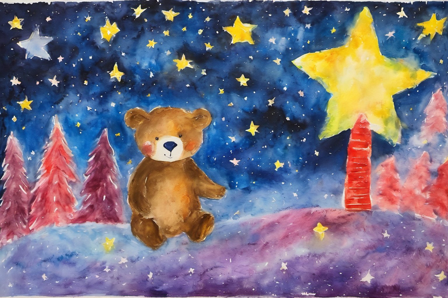 Children's painting, color painting, One night, Little Bear saw a very bright star twinkling at him. He asked, "Hello, Star, why are you so bright?"
The star gently replied, "I'm here to keep you company, so you won't feel lonely at night."
Little Bear felt very happy and said, "Thank you, Star. Can you tell me about your life in the sky?"