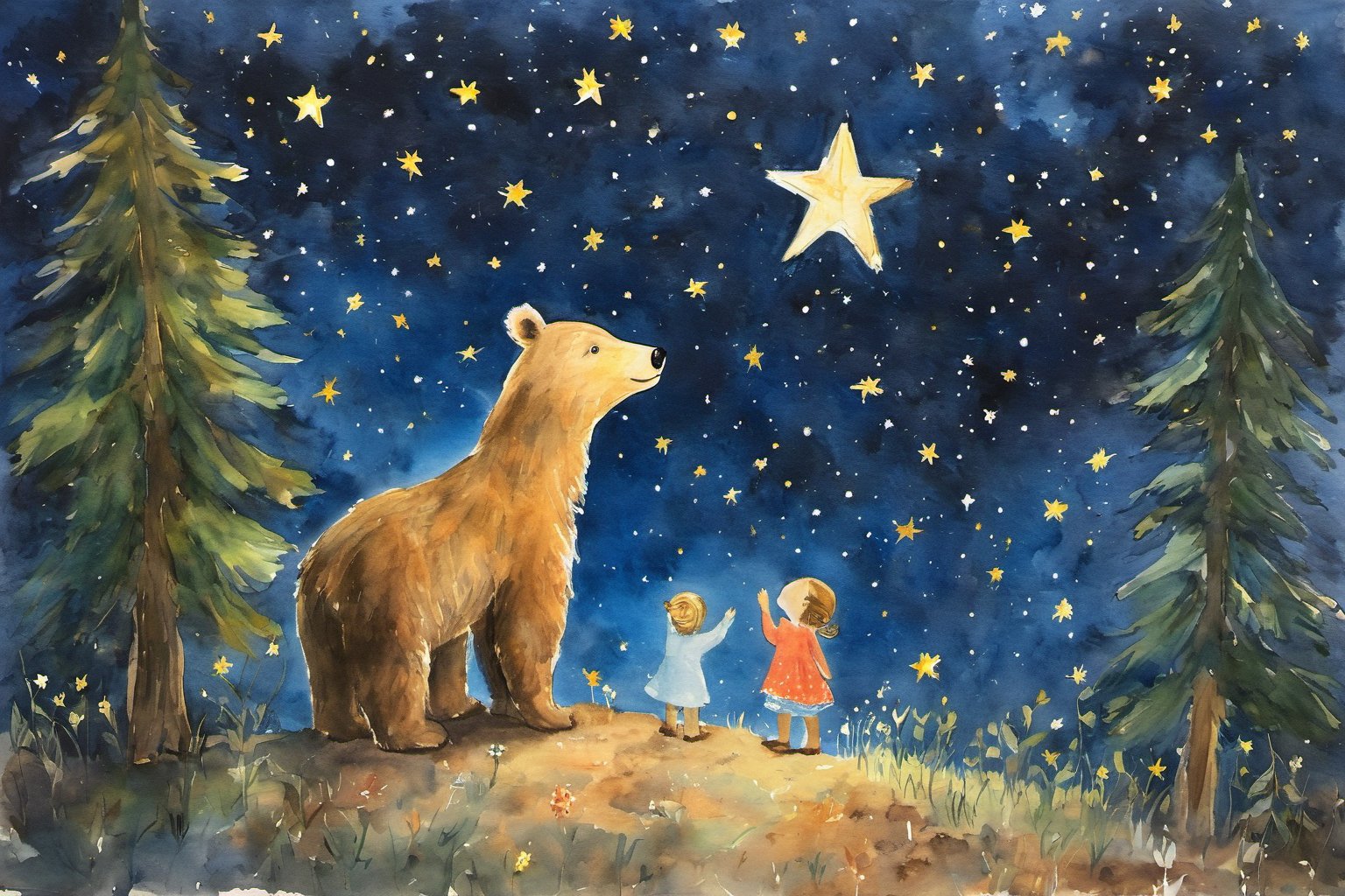 Children's painting, color painting, The star laughed softly and said, "Of course, Little Bear. I can see the whole world from up here. I see little birds flying at dawn, deer playing in the forest, and many children like you looking at the stars."
Little Bear was fascinated and asked, "Can you tell me more?"
The star continued, "Sure, Little Bear. Every star has its own name and story. Some stars are very old, they have seen many seasons. Some stars are very young, just starting to shine. We stars talk to each other and share our stories."