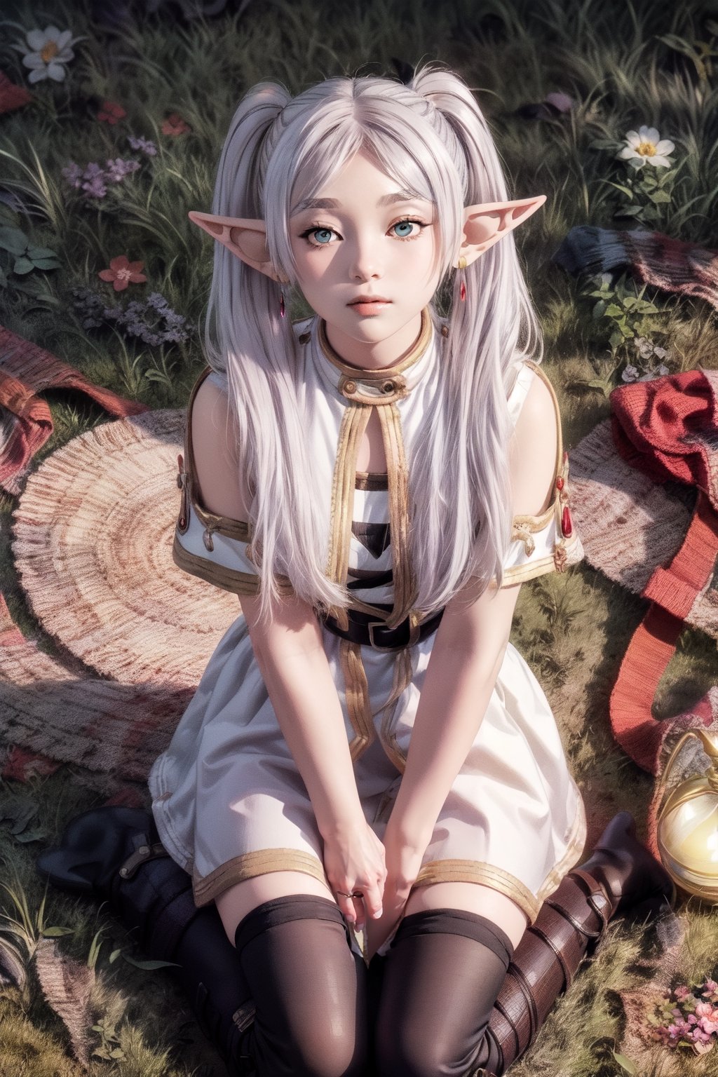 4k, fine detail, masterpiece, high quality eyes, , perfect light, soft shadows, best character art, frieren, 1girl, long hair, pout,pointy ears, twintails, jewelry, elf, earrings,parted bangs, flower,  blushing, sitting on grass, looking on the viewer, full body view,boots,  stockings,masterpiece