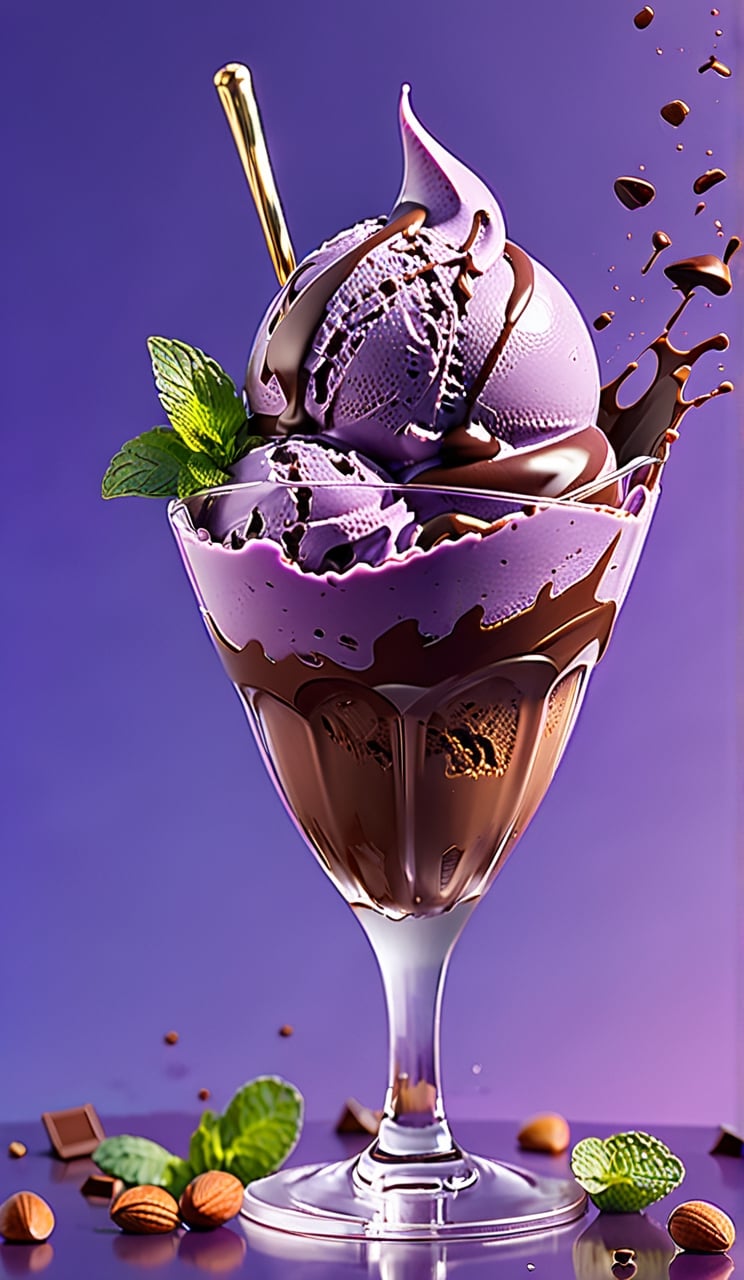 chocolate ice cream, in a stylish modern glass, ice cubes, nuts, mint leaves, splashing milk cream, in a gradient purple background, fluid motion, dynamic movement, cinematic lighting, Mysterious, golden ratio, fake detail, trending pixiv fanbox, acrylic palette knife, style of makoto shinkai studio ghibli genshin impact james gilleard greg rutkowski chiho aoshima