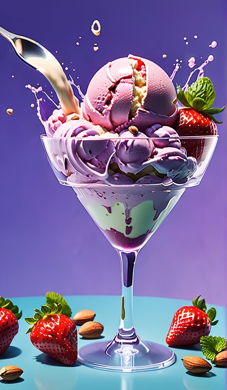 Strawberry Vanilla Ice Cream, in a stylish modern glass, ice cubes, nuts, mint leaves, splashing milk cream, in a gradient purple background, fluid motion, dynamic movement, cinematic lighting, Mysterious, golden ratio, fake detail, trending pixiv fanbox, acrylic palette knife, style of makoto shinkai studio ghibli genshin impact james gilleard greg rutkowski chiho aoshima