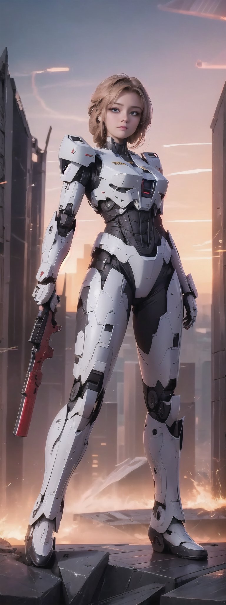 solo, red eyes, holding, weapon, wings, holding weapon, gun, no humans, glowing, halo, robot, building, holding gun, mecha, science fiction, mechanical wings