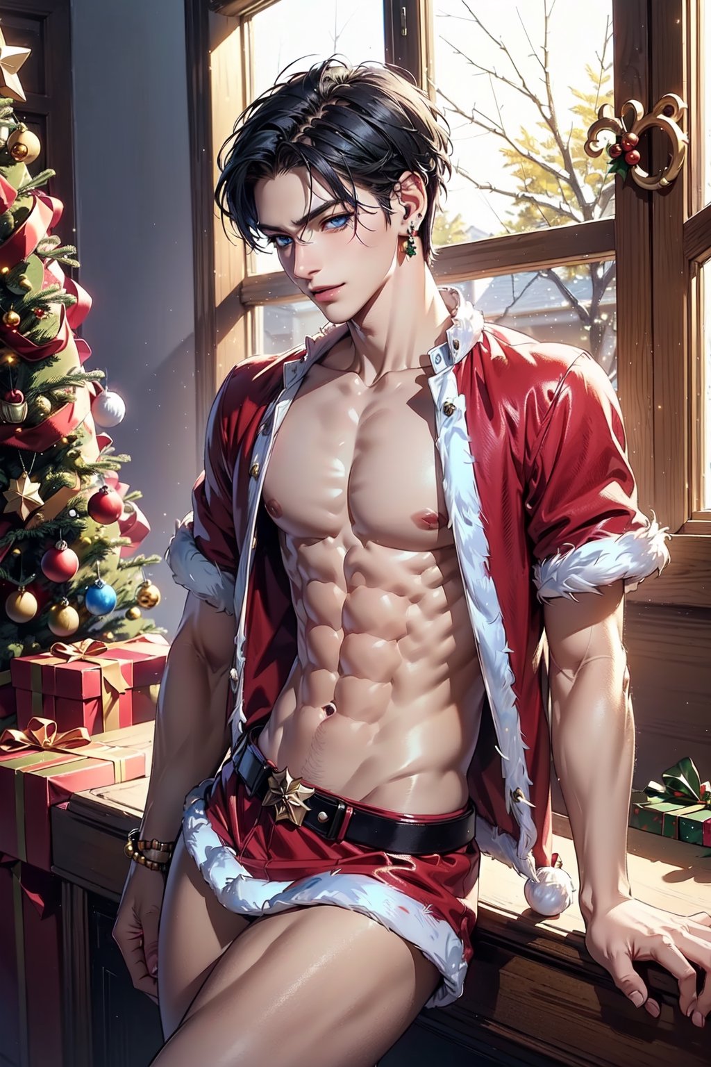 ((masterpiece)), ((best quality)), ((ultra-detailed)), realistic lighting, anime style, (cowboy shot:1.5), (leaning, looking to the side:2.0), (1boys, male focus, bishounen, yaoi, solo:1.5), (pale skin:1.8), (skinny, abs, pectorals, collarbones, perfect hands, thighs:1.5), (santa costume, single earring:1.5), (black hair, short hair, undercut:1.5), (royal blue eyes, tsurime:1.5), (black eyeliner, long eyelashes), (parted lips, seductive smile), (Christmas cottage background, window, indoor, sunlight, day:1.3), 1boy