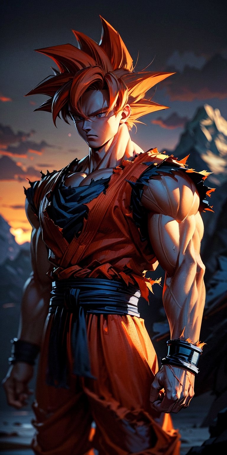 masterpiece, high quality, detailed lighting, son goku, (solo), 1boy, battle damage, (best quality), muscular, blue sky, blurry, blurry background, glacier, male focus, sky, solo, ultra instinct,(( light orange hair)), torn clothes, (good hands), (masterpiece), anatomy, , son goku,son goku,giant_this_guy