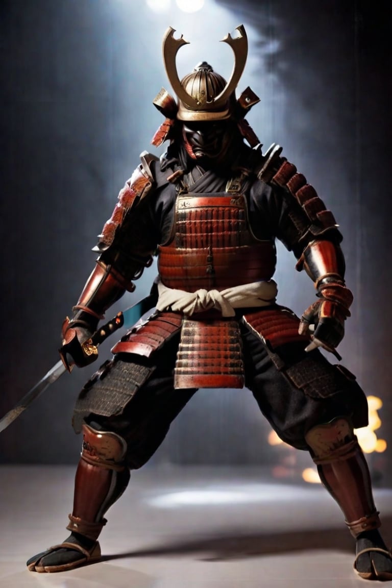 ((samurai with mask)), yoroi, kabuto, samurai in epic attack position masterpiece,best quality,cinematic lighting,soft Light,Epic Japanese jumping, ,athletic body,white skin,holding katana,(samurai helmet:1.1),full body,from front,perfect hands,from a distance,samura