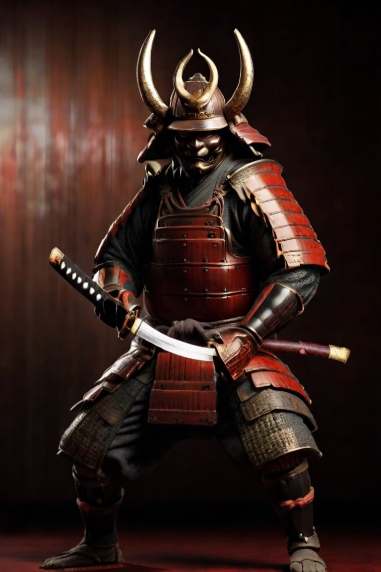 ((samurai with mask)), yoroi, kabuto, samurai in epic attack position masterpiece,best quality,cinematic lighting,soft Light,Epic Japanese jumping, ,athletic body,white skin,holding katana,(samurai helmet:1.1),full body,from front,perfect hands,from a distance,samura