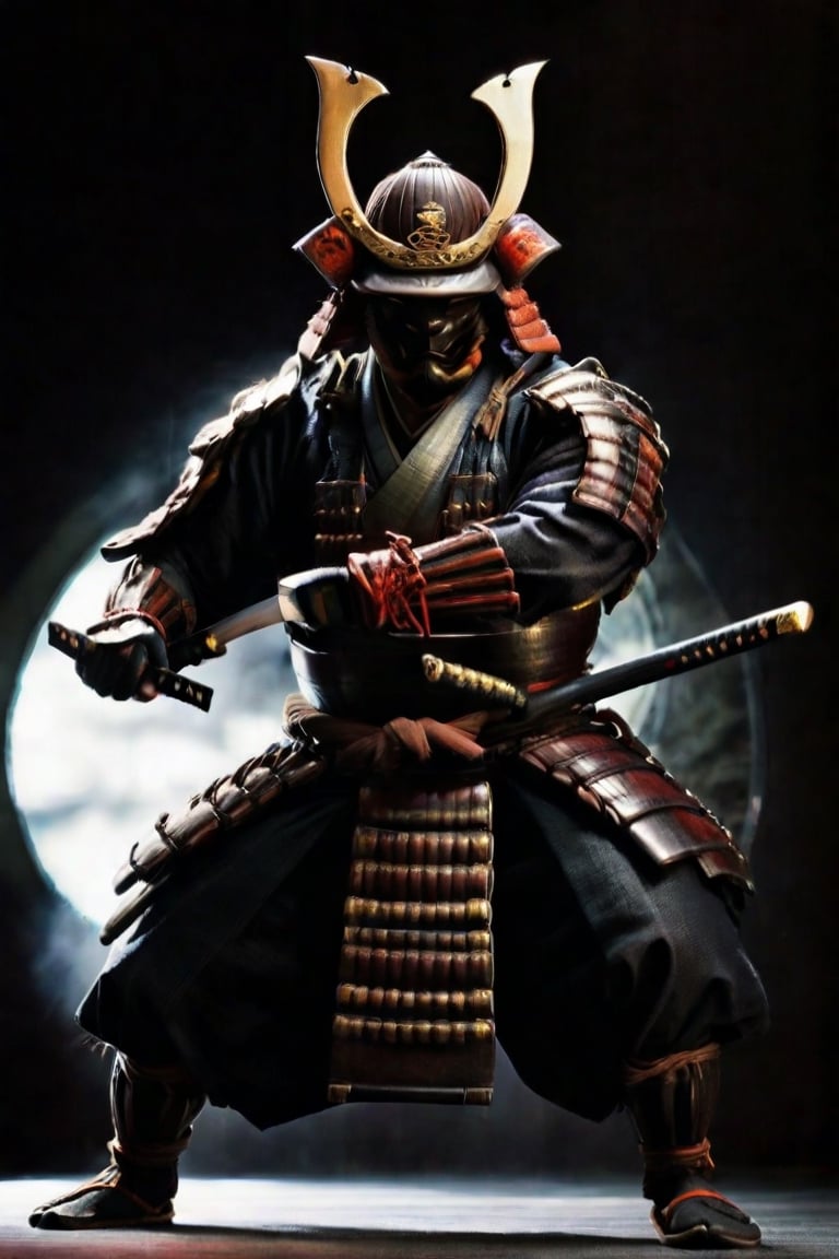 ((samurai with mask)), yoroi, kabuto, samurai in epic attack position masterpiece,best quality,cinematic lighting,soft Light,Epic Japanese jumping, ,athletic body,white skin,holding katana,(samurai helmet:1.1),full body,from front,perfect hands,from a distance,samura