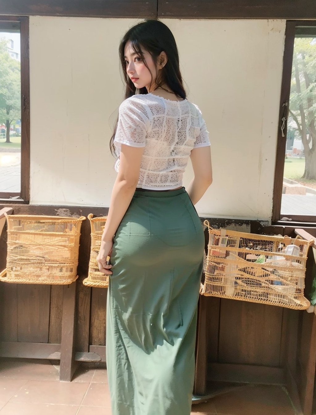 Master piace, super detail, high quality, woman, excited, alluring curves, captivating expressions, cinematic lighting, soft focus, shallow depth of field, feminine allure, cropped,,Myanmar,acmm ss outfit,tight_outfit, full body, pantyline, viewed from behind, looking_at_camera,(wearing acmmsayarma outfit, acmmsayarma white top with buttons, short sleeves), ((acmmsayarma green long skirt)),masterpiece, 8k, ultra sharp., ,best quality,Pantylines.slin body.