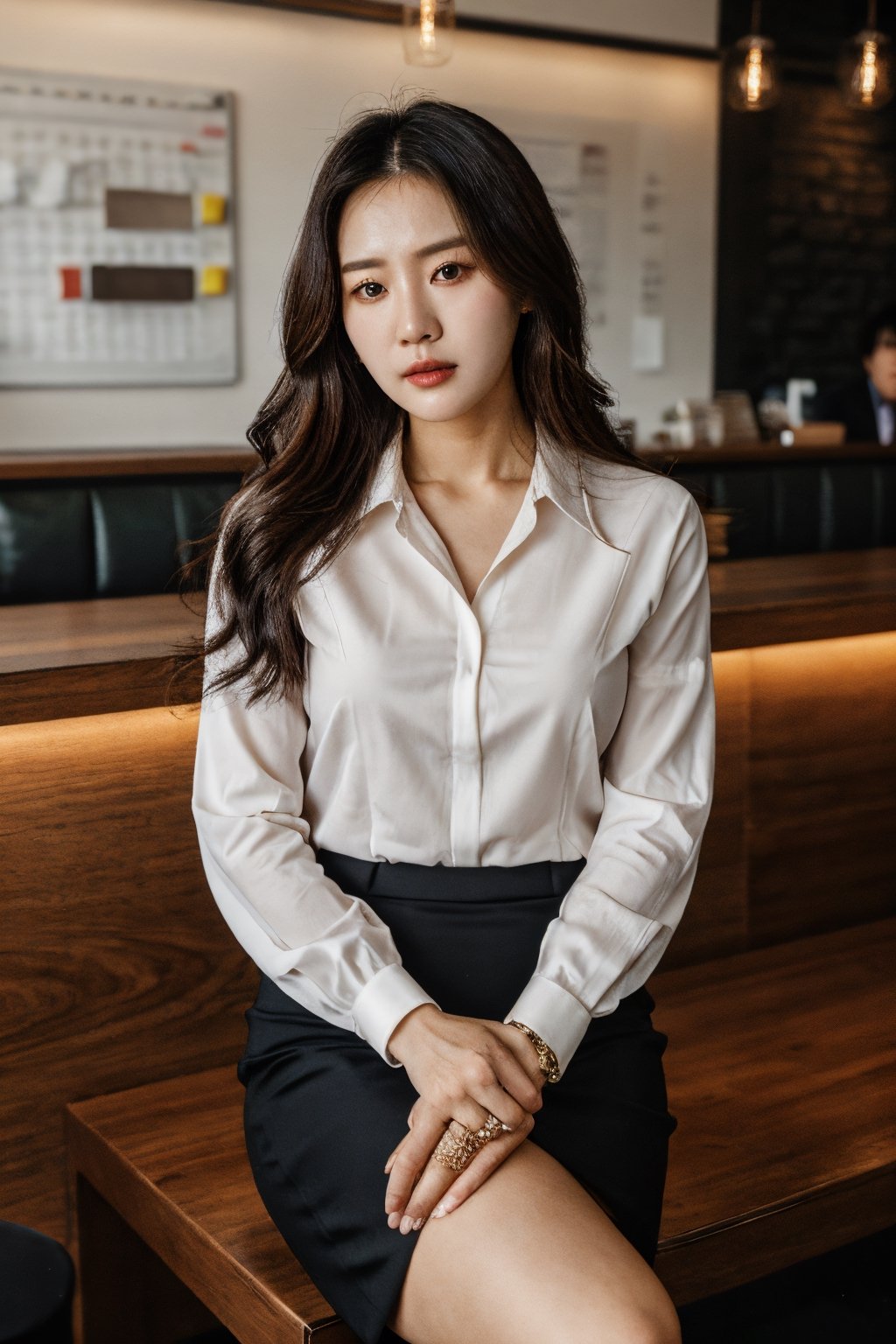 a middle-aged woman, (formal office attire, unbuttoned shirt, pencil skirt, high heels), seductive, elegant, stylish, sexy, sitting in coffee shop, looking at viewer, perfect body, beautiful woman, (beautiful detailed face: 1.2), Korean woman, noona, intricate details, perfect hands, detailed fingers, fantastic background, volumetric lighting, intricate details, tone mapping, sharp focus, hyper detailed. 