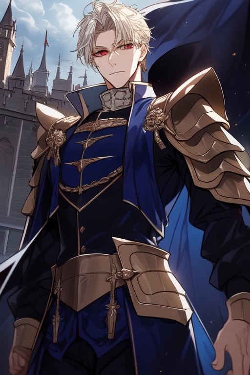 Tall,  handsome young man,  red eyes,blonde hair, ,  medieval, powerful,viewed_from_below,  short hair, 20 years old,villain,duke,  blue  uniform,silver armor, medieval,levi ackerman hairstyle,castle,at 12  