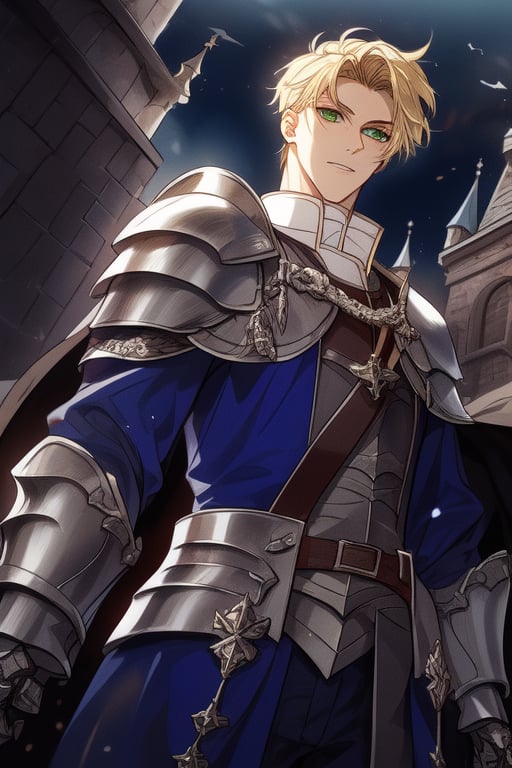 Tall,  handsome young man,  green eyes,blonde hair, ,  medieval, powerful,viewed_from_below,  short hair, 20 years old,villain,duke,  blue  uniform,silver armor, medieval,levi ackerman hairstyle,castle,at 12 