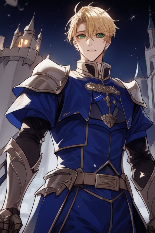 Tall,  handsome young man,  green eyes,blonde hair, ,  medieval, powerful,viewed_from_below,  short hair, 20 years old,villain,duke,  blue  uniform,silver armor, medieval,levi ackerman hairstyle,castle,at 12 