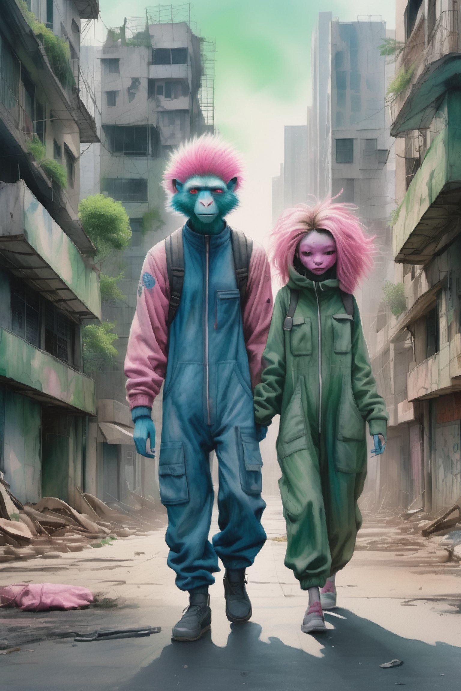 blue pencil lines, lavish watercolor wash, (full body shot), In the midst of a futuristic cityscape, ((facing the viewer)), walking down a dilapidated avenue, a babboon with a pink face is standing upright beside a girlfriend, wearing a dark green jumpsuit