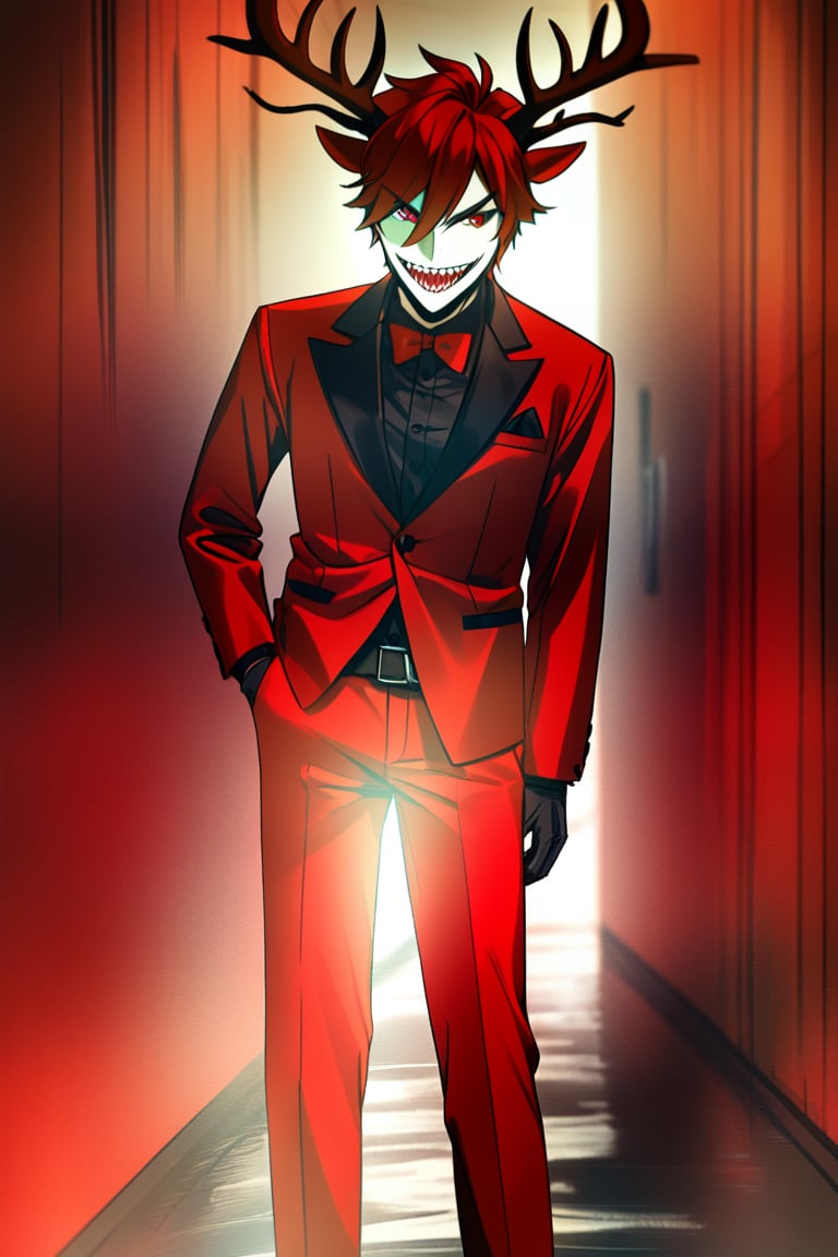 1 man, demon deer, sinister smile, red tuxedo, red hair, red eyes, sharp teeth
, ,dark anime