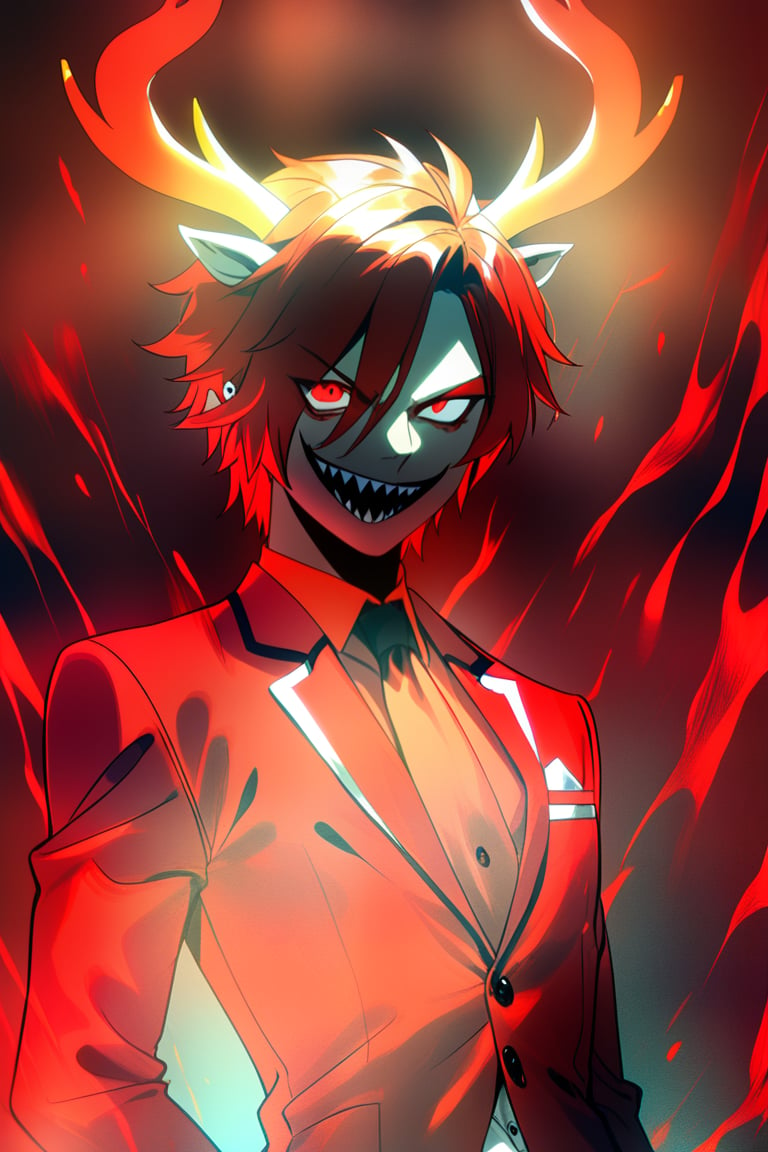 1 man, demon deer, sinister smile, red tuxedo, red hair, red eyes, sharp teeth
, ,dark anime