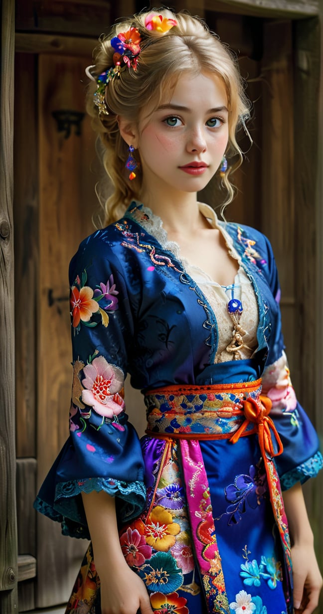 (Beautiful German girl),beautiful blonde hair,beautiful blue iris, wearing a Baroque-style dirndl with vibrant colors, infused with Japanese elements. The dress combines intricate lace and embroidery with colorful kimono-inspired patterns. A wide obi belt cinches her waist, while puffed sleeves and delicate accessories complete the look, showcasing a striking fusion of cultures.,ct-drago,better photography,FilmGirl