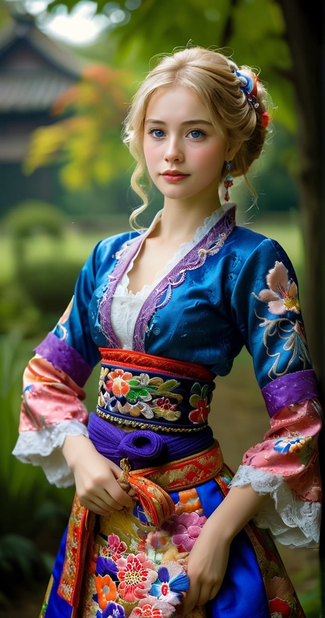 (Beautiful German girl),beautiful blonde hair,beautiful blue iris, wearing a Baroque-style dirndl with vibrant colors, infused with Japanese elements. The dress combines intricate lace and embroidery with colorful kimono-inspired patterns. A wide obi belt cinches her waist, while puffed sleeves and delicate accessories complete the look, showcasing a striking fusion of cultures.,ct-drago,better photography