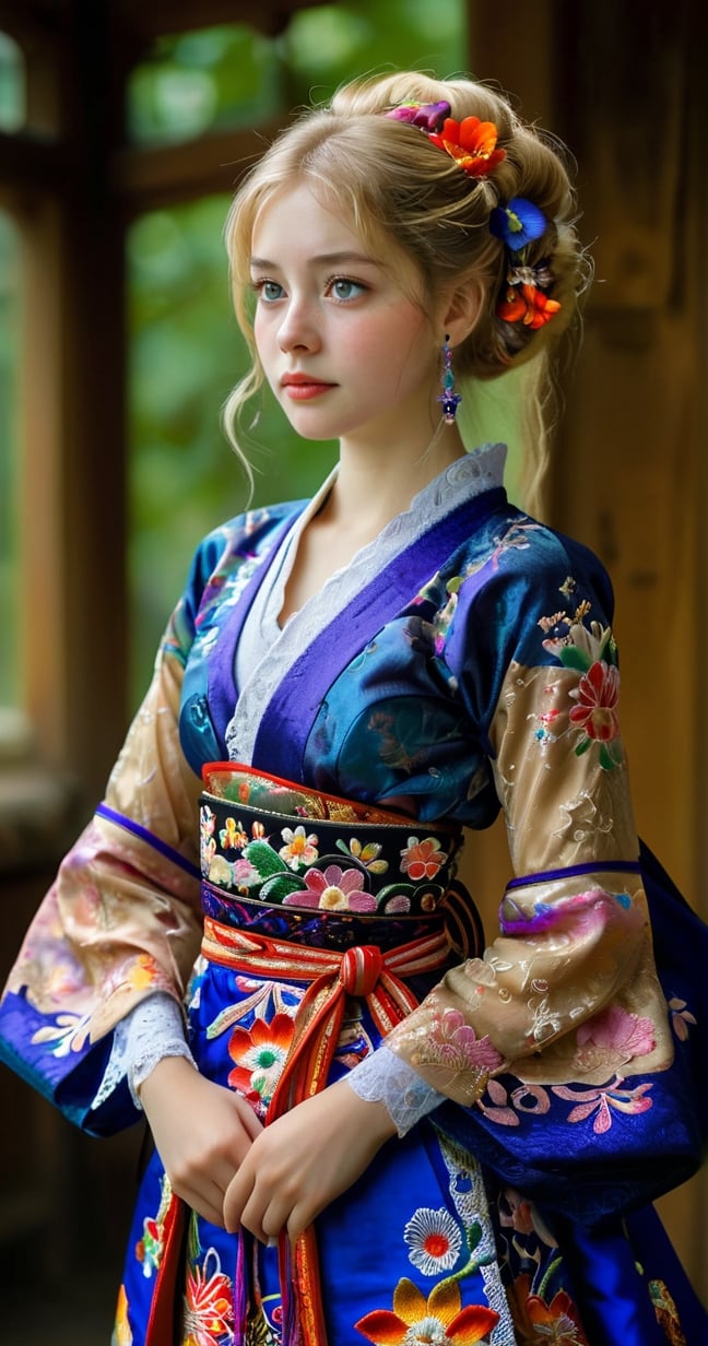 (Beautiful German girl),beautiful blonde hair,beautiful blue iris, wearing a Baroque-style dirndl with vibrant colors, infused with Japanese elements. The dress combines intricate lace and embroidery with colorful kimono-inspired patterns. A wide obi belt cinches her waist, while puffed sleeves and delicate accessories complete the look, showcasing a striking fusion of cultures.,ct-drago,better photography