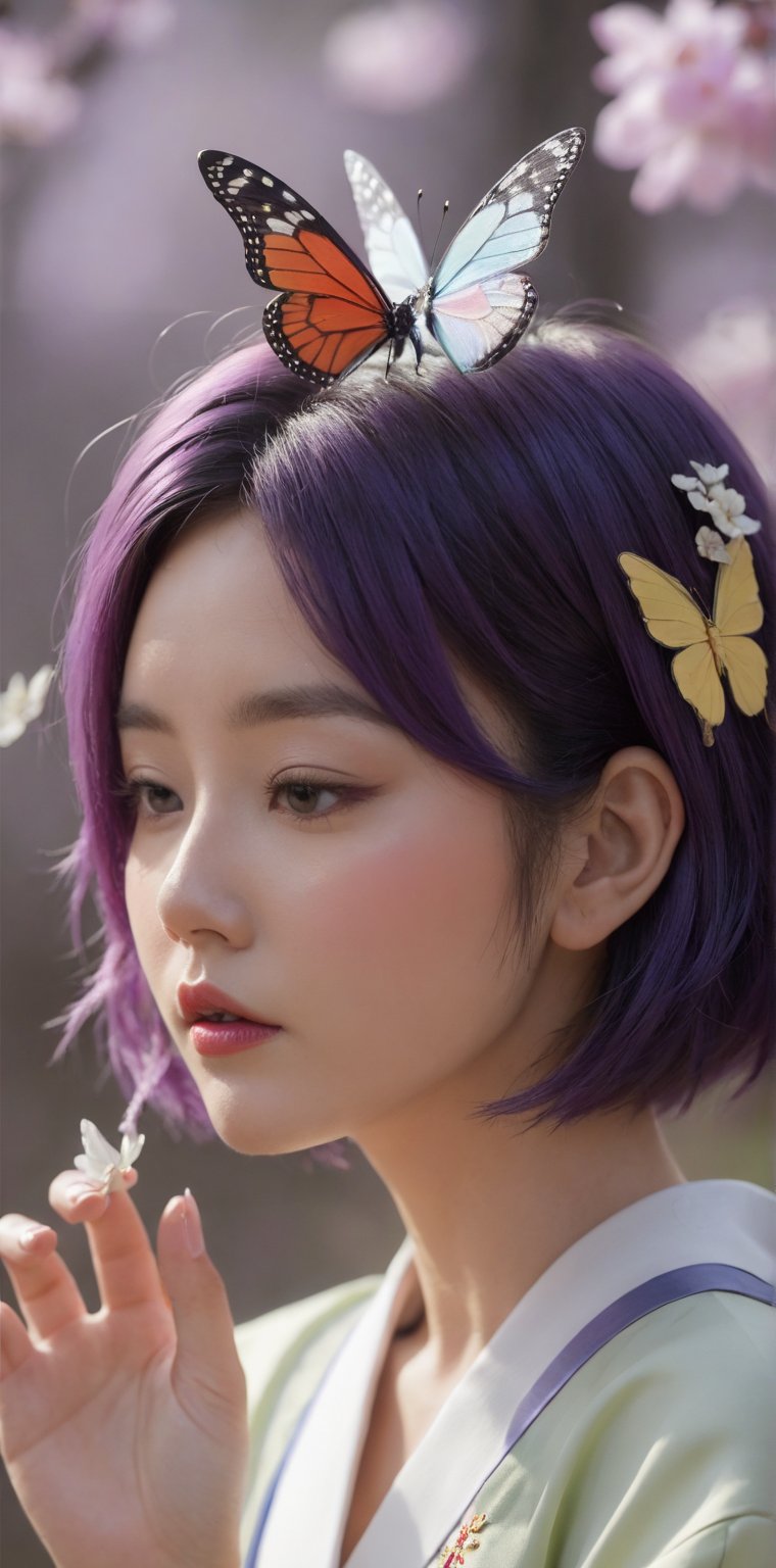 1girl, solo, short hair, black hair, hair ornament, closed eyes, purple hair, multicolored hair, parted lips, japanese clothes, hand up, nail polish, blurry, from side, lips, petals, eyelashes, profile, bug, butterfly, butterfly hair ornament, haori, demon slayer uniform, butterfly on hand, kochou shinobu,xxmix_girl