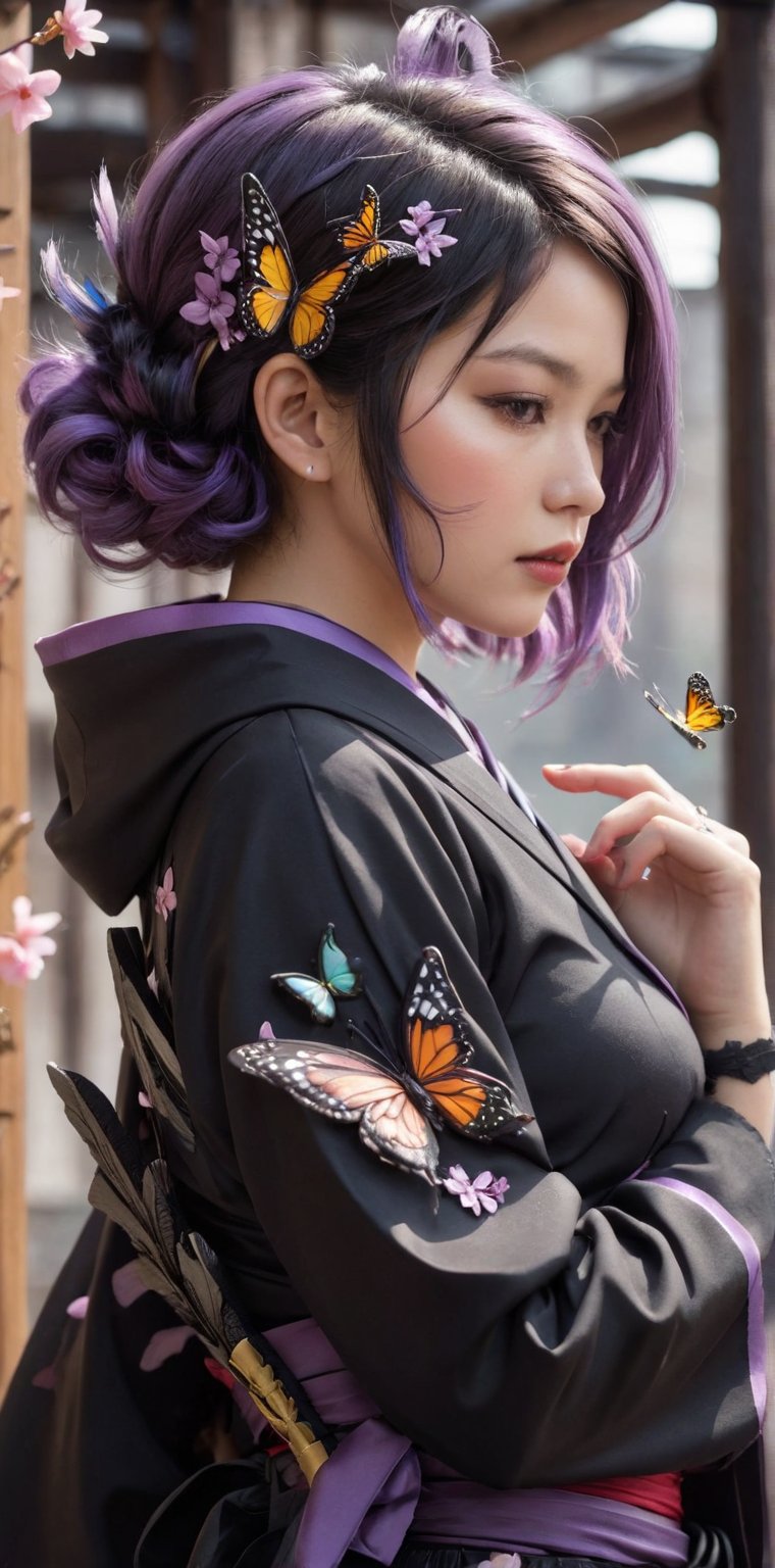 1girl, solo, short hair, black hair, hair ornament, closed eyes, purple hair, multicolored hair, parted lips, japanese clothes, hand up, nail polish, blurry, from side, lips, petals, eyelashes, profile, bug, butterfly, butterfly hair ornament, haori, demon slayer uniform, butterfly on hand, kochou shinobu