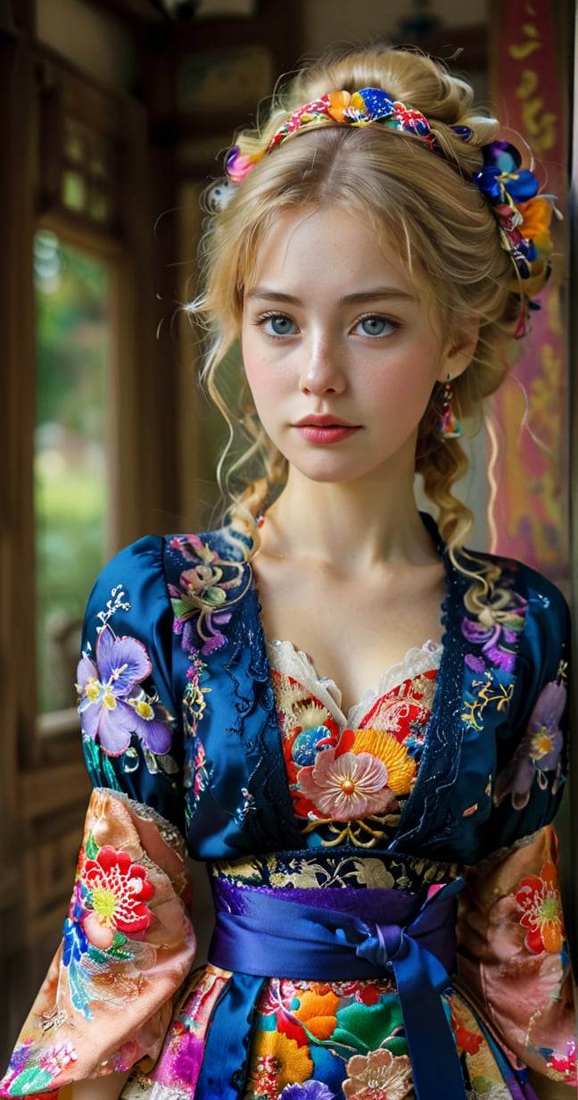 (Beautiful German girl),beautiful blonde hair,beautiful blue iris, wearing a Baroque-style dirndl with vibrant colors, infused with Japanese elements. The dress combines intricate lace and embroidery with colorful kimono-inspired patterns. A wide obi belt cinches her waist, while puffed sleeves and delicate accessories complete the look, showcasing a striking fusion of cultures.,ct-drago,better photography,FilmGirl