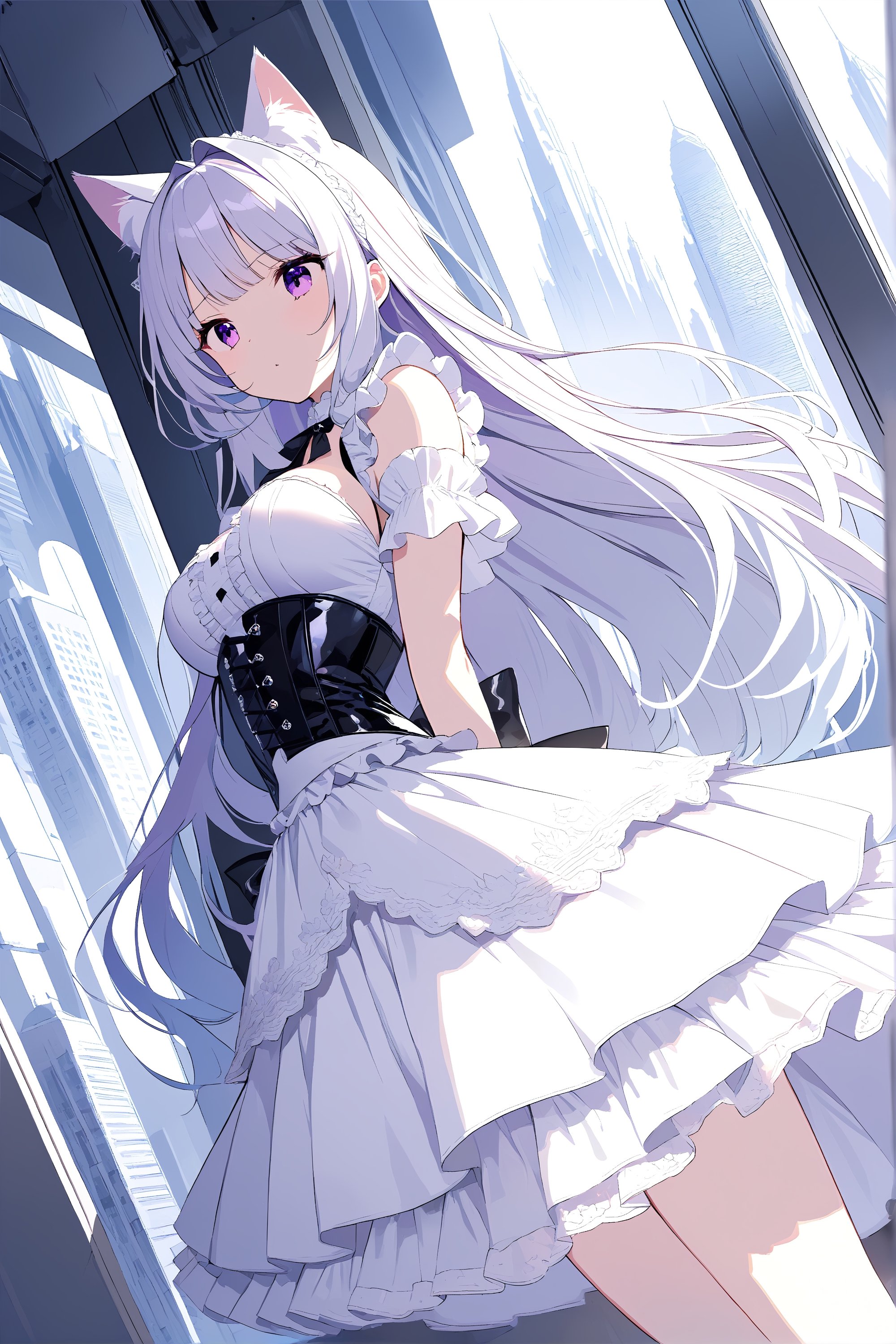 masterpiece, best quality,detailed, vibrant color, 1girl, solo, cat ear,  big  breast,cat,arm behind the back, white theme, purple eyes, white long hair, futuristic city, Lolita, princess skirt, Scared and hiding in the corner