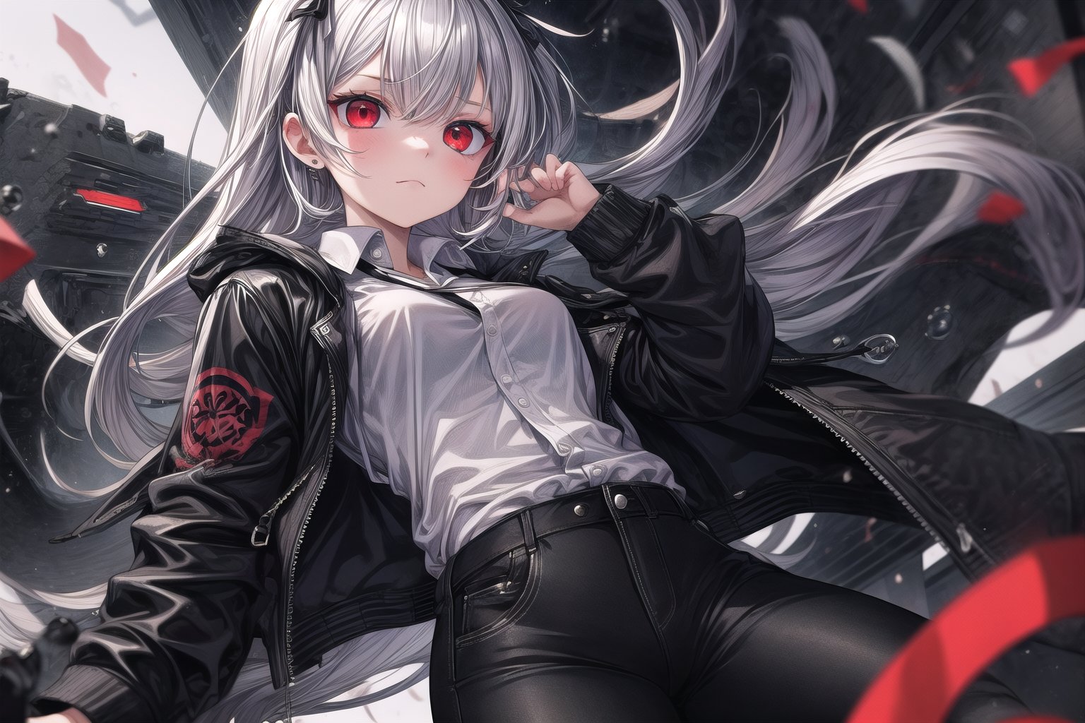1 woman, red eyes, closed mouth,long hair, silver hair, looks cool, wears black jacket with white shirt, black pants,DArt