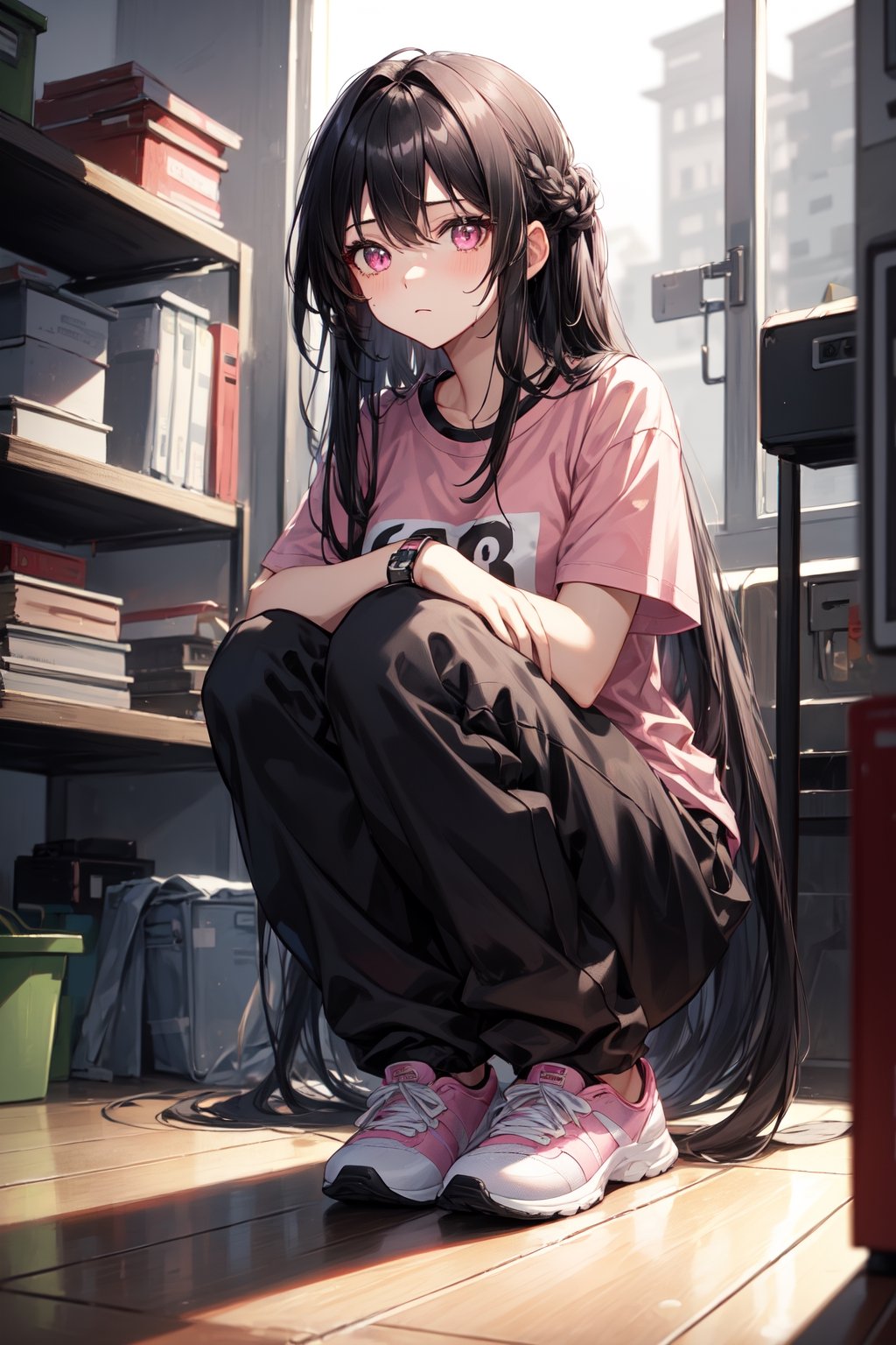 long hair, black hair, pink eyes, 1 girl, pink and black t-shirt, black sweatpants.