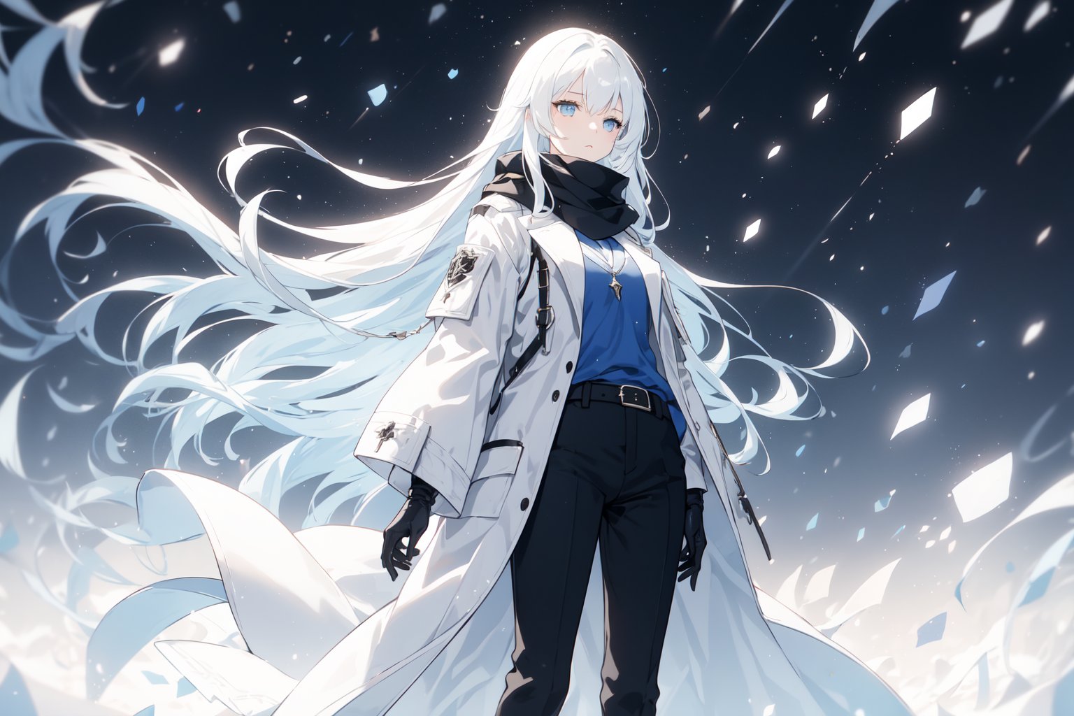 long hair, white hair, light blue eyes, 1 woman, black and white coat, black pants, standing blue scarf, looking at the sky, night, starry sky, snowing, beautiful hands.