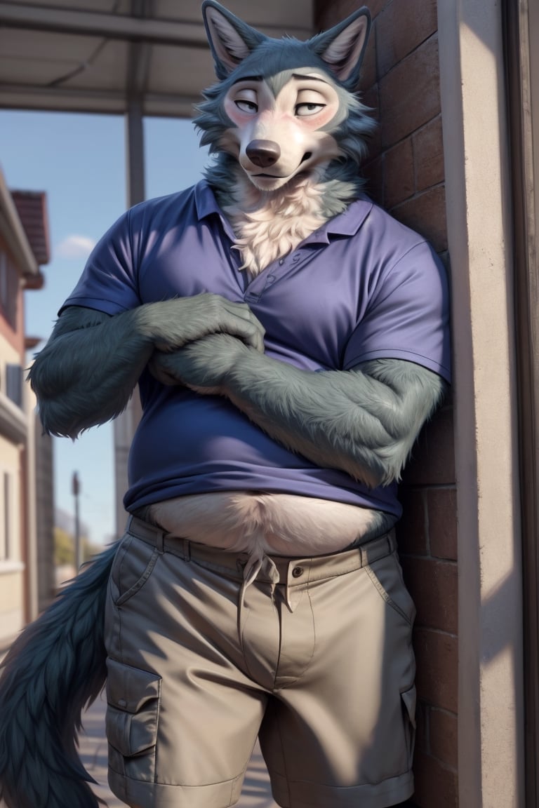by personalami, by hioshiru, by zackary911, by null-ghost), male, anthro_wolf, solo, legoshi_(beastars), fat body, college, standing, really small shirt surrounding moobs, shirt being pushed outwards by belly, big moobs, bottom wear, cargo shorts, safe, standing, soft, claws, black pupils, (fat:1.0), soft body, (correct anatomy:)7.0, Big belly, detailed belly, a person in his belly, (detailed clothing), natural lighting, best quality, legoshi, big belly, big pecs, best quality,soft belly, blushing,person in belly, pudgy belly, fat rolls, flabby arms, fluffy cheeks, embarrassed, belly wrapped in tight shirt, young teenager, white or blue button-up T-shirt