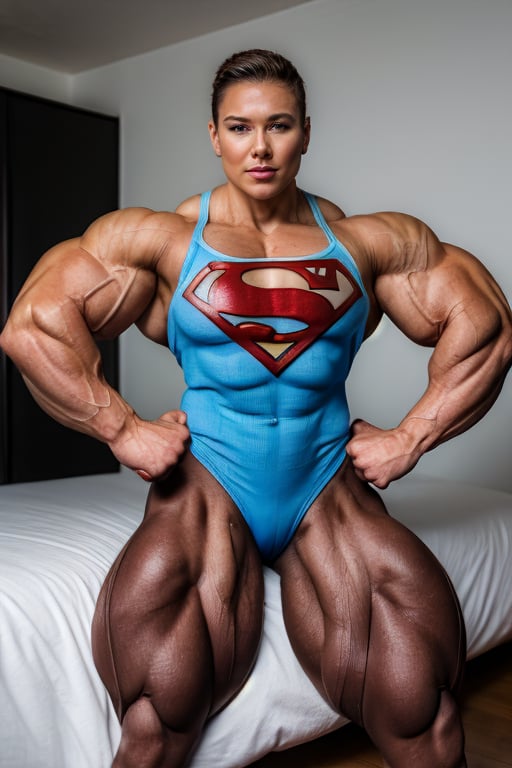 (Bodybuildings most muscular pose:1.5), A heavily muscled iffb pro female bodybuilder 22 year old Supergirl girl stood by a bed 