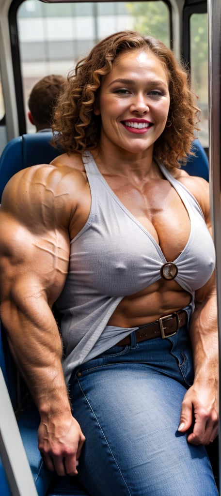 A heavily muscled iffb pro female bodybuilder, Ronda Rousey, portrait, face portrait, brown skin, smiling, red lips, full lips, chubby, voluptuous woman, brown hair, curly hair, glasses, button-down blouse, white blouse, belt, long jeans, sitting on the bus.