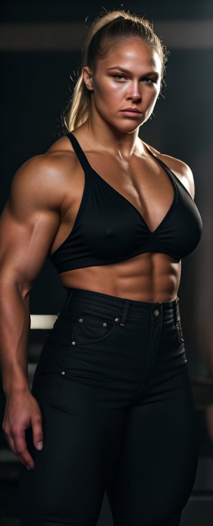 A heavily muscled iffb pro female bodybuilder, a RAW photo, portrait of Ronda Rousey, wearing black satin blouse, jeans, simple background, model shot, cinematic shot, volumetric lighting, detailed eyes and face, magnificent, epic, sharp focus, dlsr, rim lights, blurry background, best quality, highly detailed, masterpiece, 8k, 