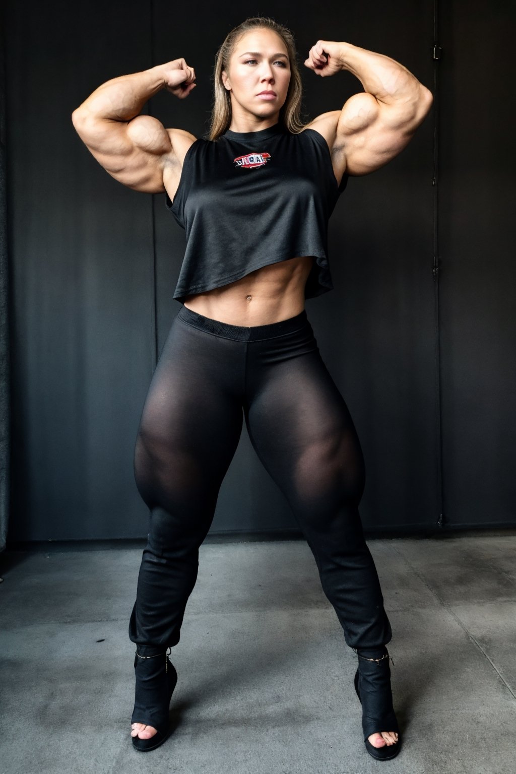 America girl, , American muscle girl, Italian girl, , A heavily muscled iffb pro female bodybuilde ronda rousey, extremely large woman, enormous muscles,.humongous chest, exaggerated huge muscles, enormous chest, wearing a black translucent shirt, tight black silk trousers, stilettos.,Masterpiece,broken_clothes