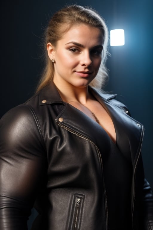  A heavily muscled iffb pro female bodybuilder ,(susanagriso),  (wearing a leather jacket), half upper body  photograph,ultra realistic, masterpiece, absurdres, perfect lighting