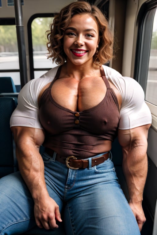 A heavily muscled iffb pro female bodybuilder, Sydney Sweeney, portrait, face portrait, brown skin, smiling, red lips, full lips, chubby, voluptuous woman, brown hair, curly hair, glasses, button-down blouse, white blouse, belt, long jeans, sitting on the bus.
