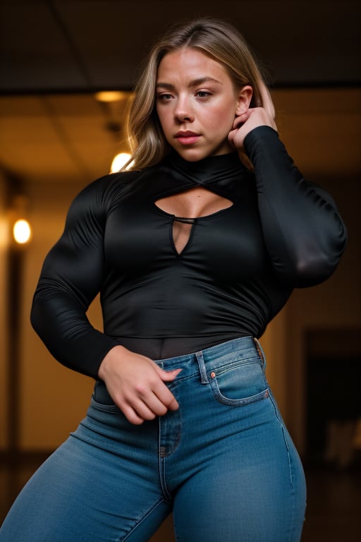 A heavily muscled iffb pro female bodybuilder, a RAW photo, portrait of Sydney Sweeney, wearing black satin blouse, jeans, simple background, model shot, cinematic shot, volumetric lighting, detailed eyes and face, magnificent, epic, sharp focus, dlsr, rim lights, blurry background, best quality, highly detailed, masterpiece, 8k, 