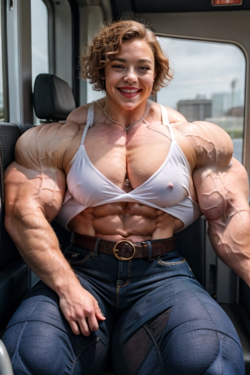 A heavily muscled iffb pro female bodybuilder, Sydney Sweeney, portrait, face portrait, brown skin, smiling, red lips, full lips, chubby, voluptuous woman, brown hair, curly hair, glasses, button-down blouse, white blouse, belt, long jeans, sitting on the bus.